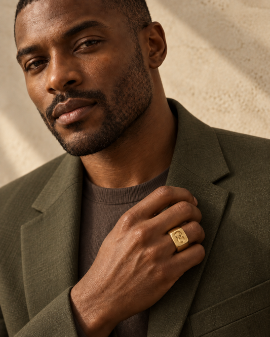 Man in an olive jacket wearing the AEQUORO Heavy Signet ring in 18k yellow gold